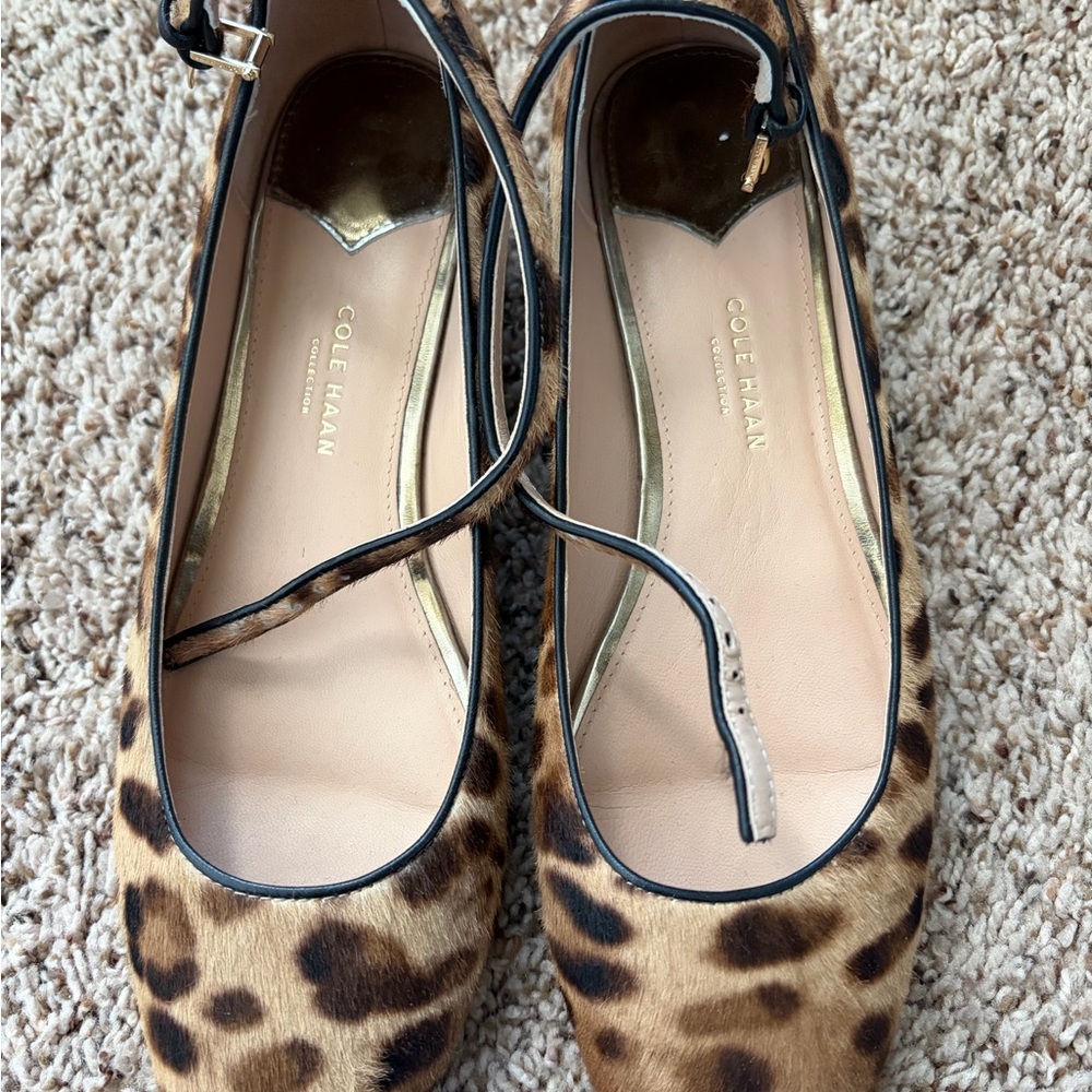 Cole Haan Calf Hair Leopard Ankle Strap Flats Sz 8